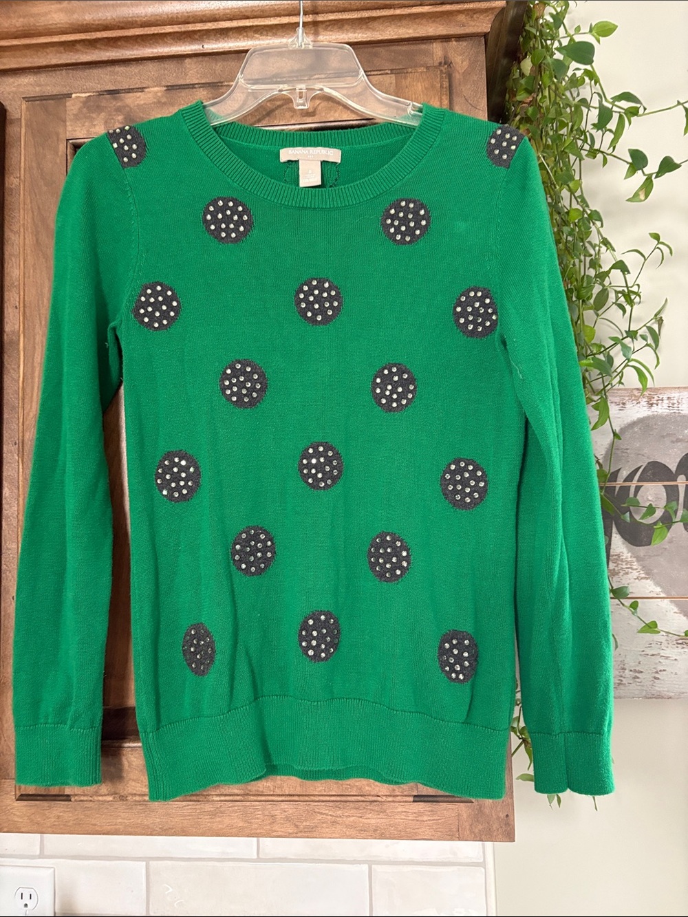 Banana Republic Green Crewneck Sweater with Black Studded Polka Dots